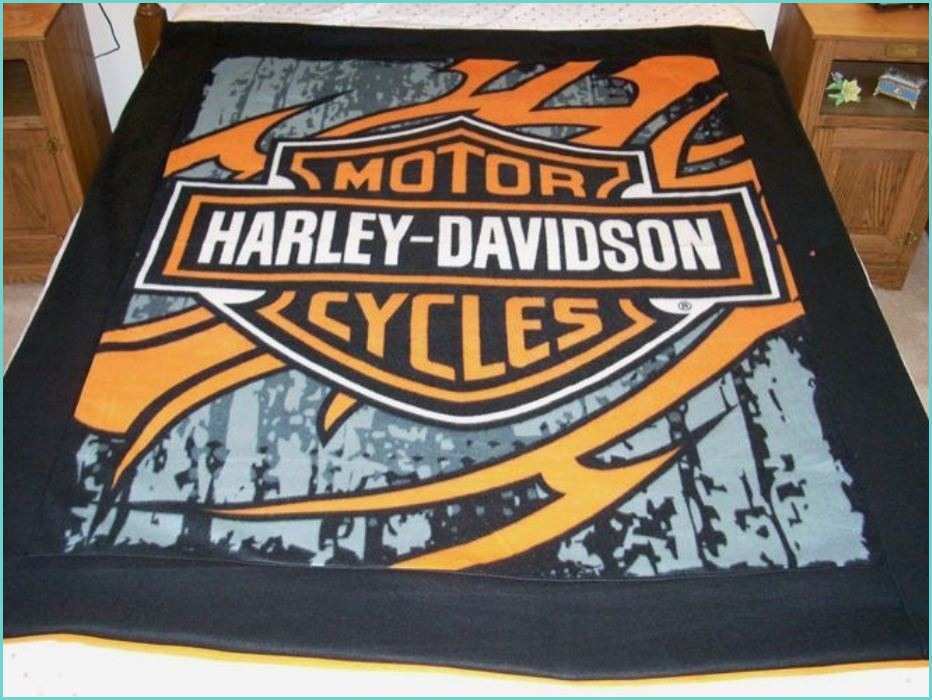 Couvre Lit Harley Davidson Plaid Harley Davidson Bande orange Et Logo Canapé Biker