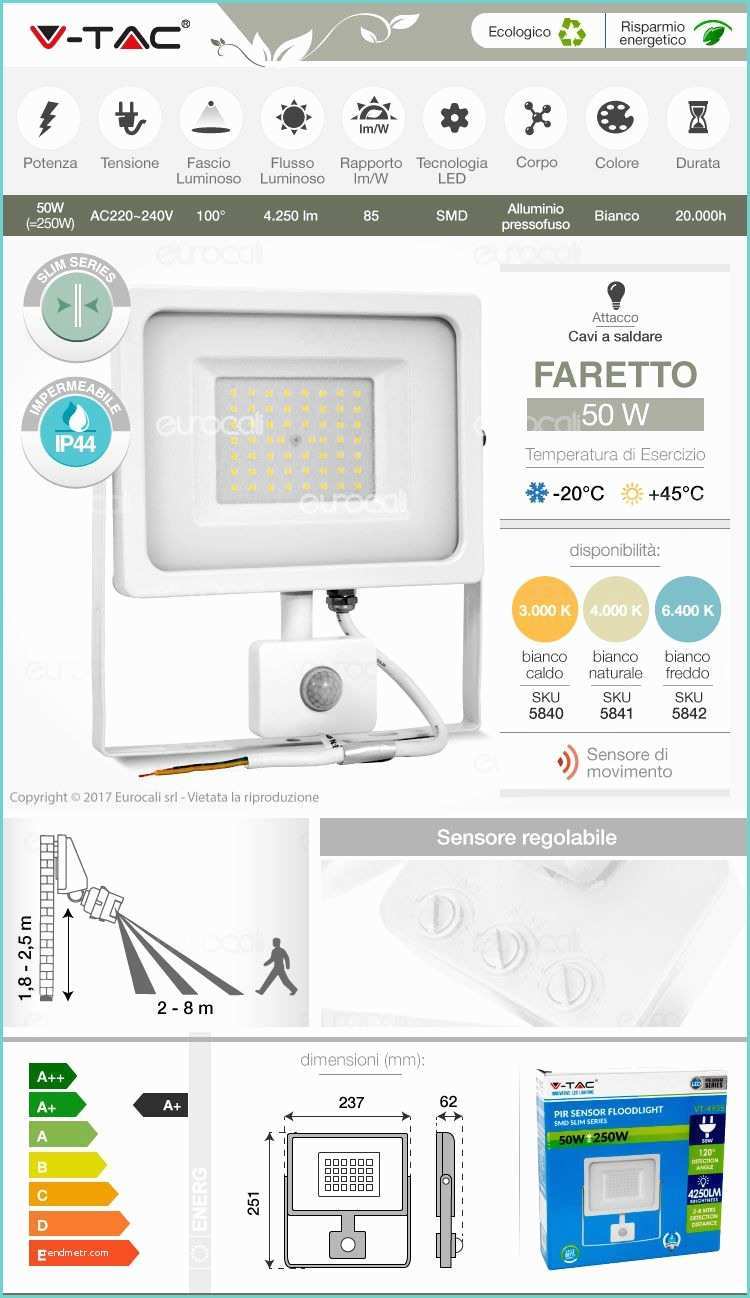 Faretto A Batteria Con Sensore Di Movimento Vt 4955 Faretto Led V Tac 50w Ultra sottile Slim Con