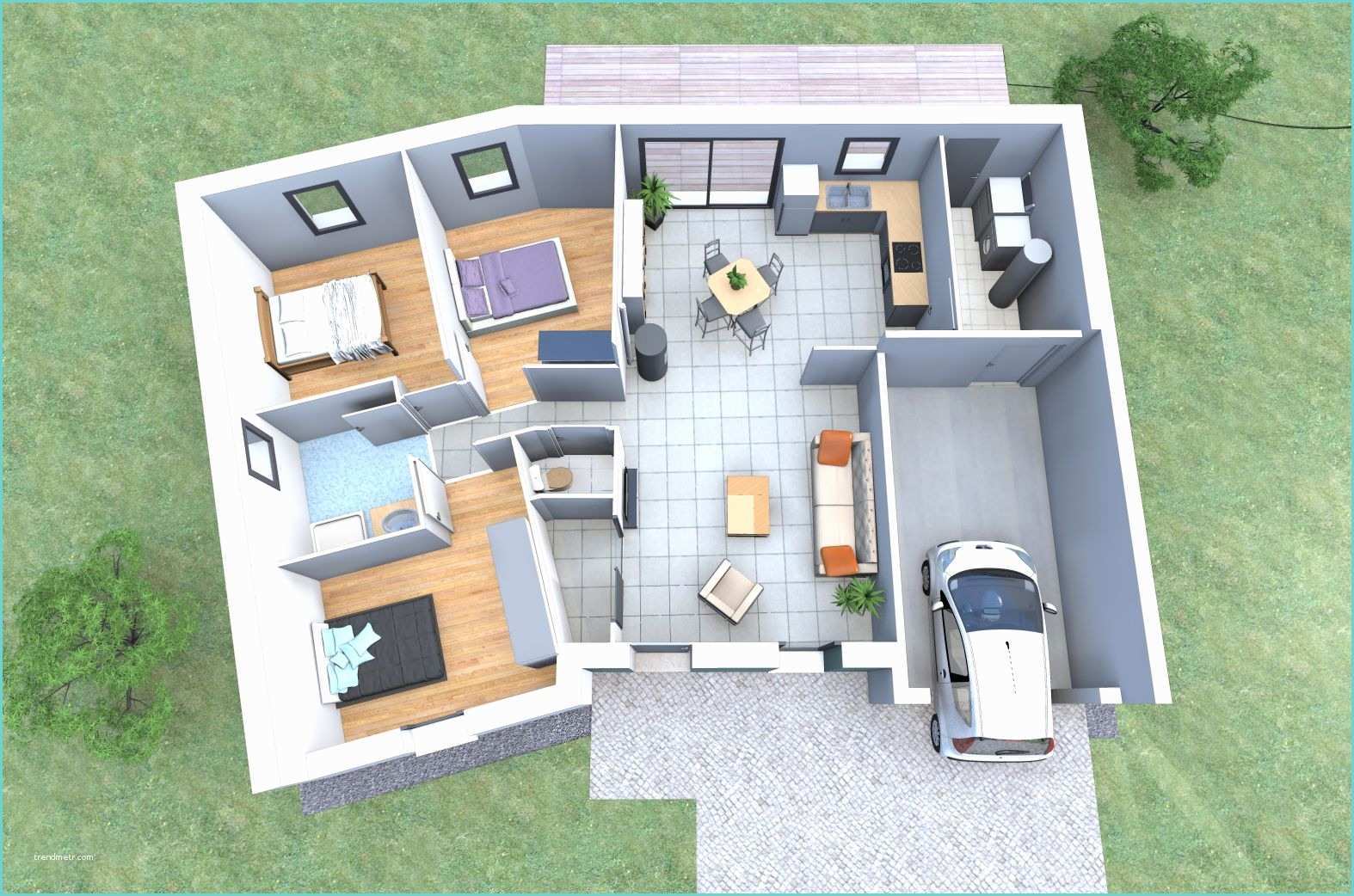Plan De Maison Moderne 4 Chambres 3d Plan 3d D Une Maison En V De Plain Pied Avec 3 Chambres