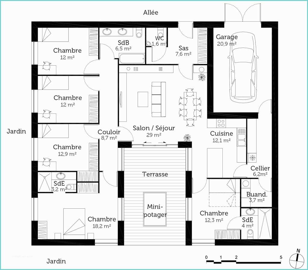 Plan Maison 50m2 1 Chambre Plan Maison En U Avec Garage