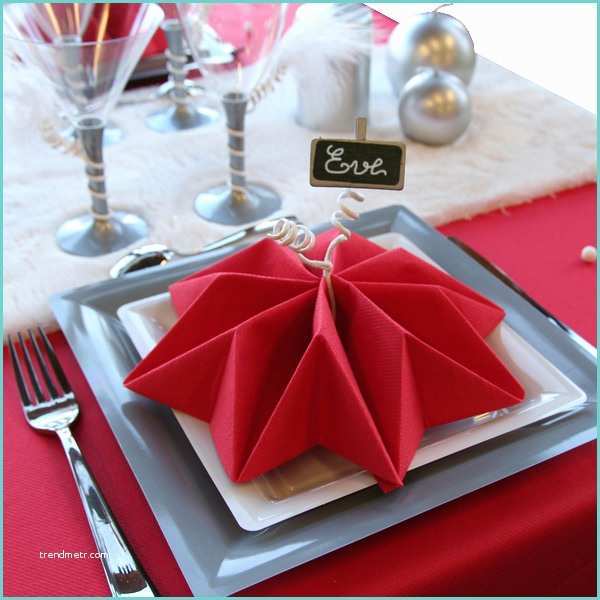Pliage Serviette De Table Noel Décoration De Table Noël Rouge Argent Blanc