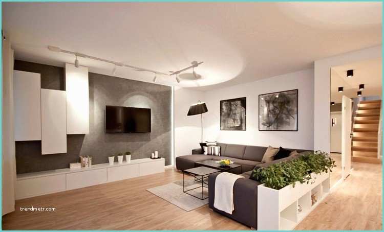 Salon Avec Canap Gris Mur De Brique Decorative 6 Salon Moderne Avec Parquet