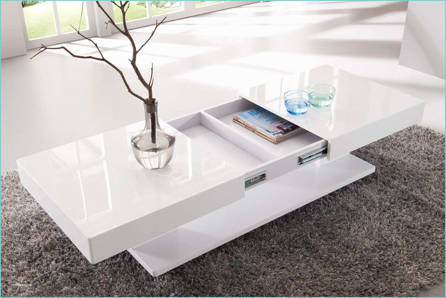 Table De Salon originale Table Basse Design Blanc Laqué Avec Rangements Et Plateaux
