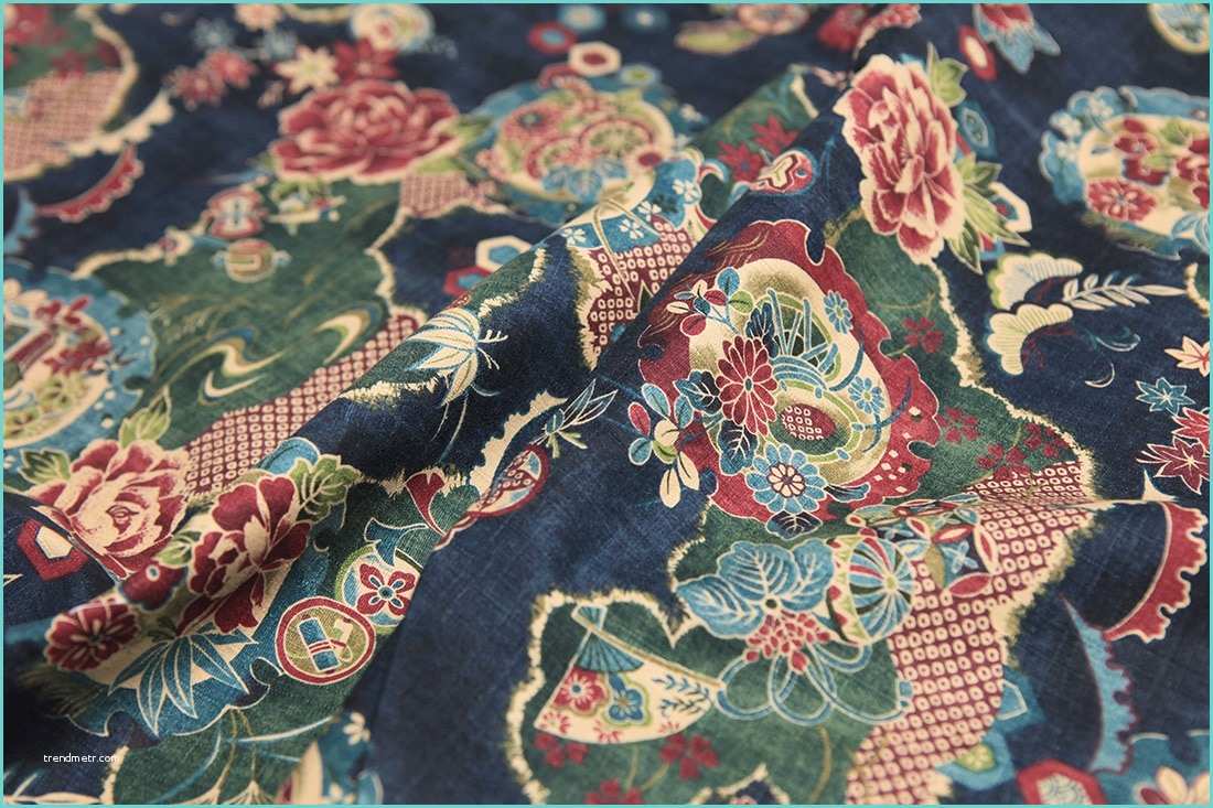 Tissu Mandala Au Metre Tissu Japonais Bleu Marine Imprimé Fleurs Et D Autre Motif