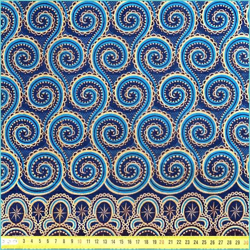 Tissu Mandala Au Metre Wax Tissu Africain Spirale Bleu Et Doré Pailleté