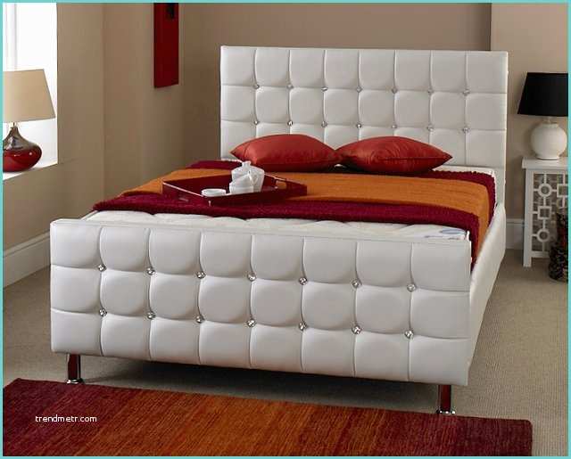 White Diamante Headboard White Crystalano Leather Bed & Memory Foam Mattress for